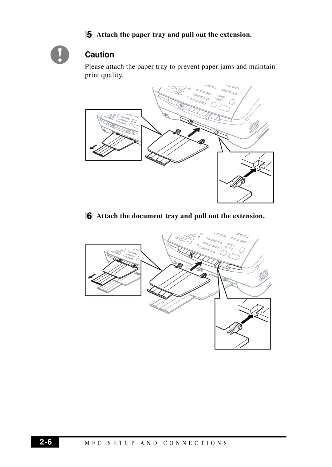 Brother MFC 7050C Attach the paper tray and pull out the extension, Attach the document tray and pull out the extension 