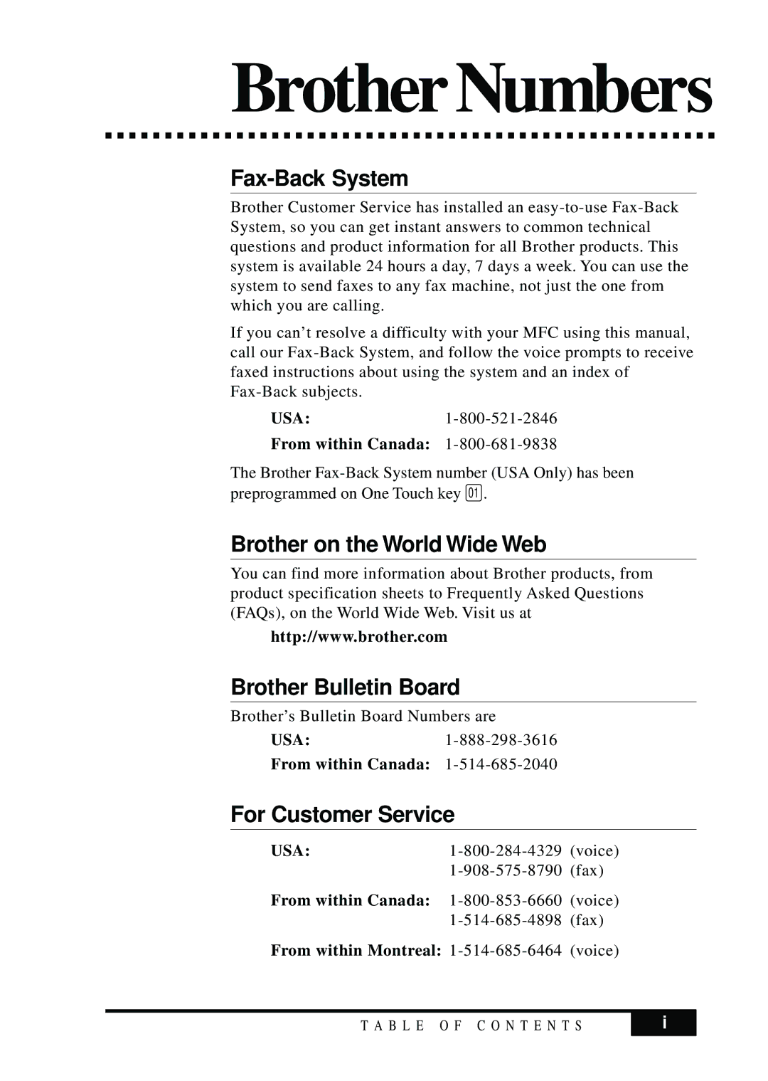 Brother MFC 7050C owner manual Fax-Back System, Brother on the World Wide Web, Brother Bulletin Board, For Customer Service 