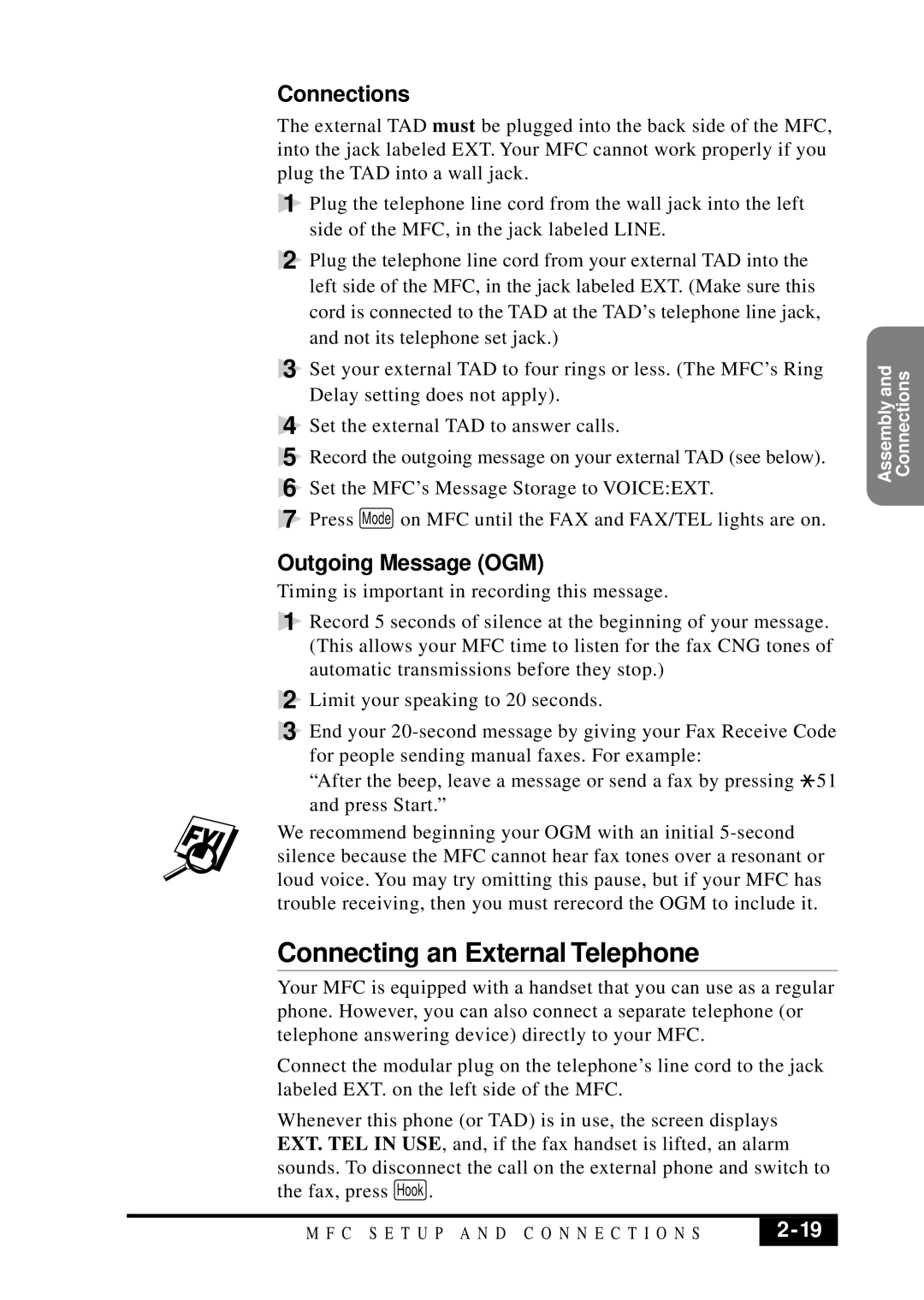 Brother MFC 7050C owner manual Connecting an External Telephone, Connections, Outgoing Message OGM 