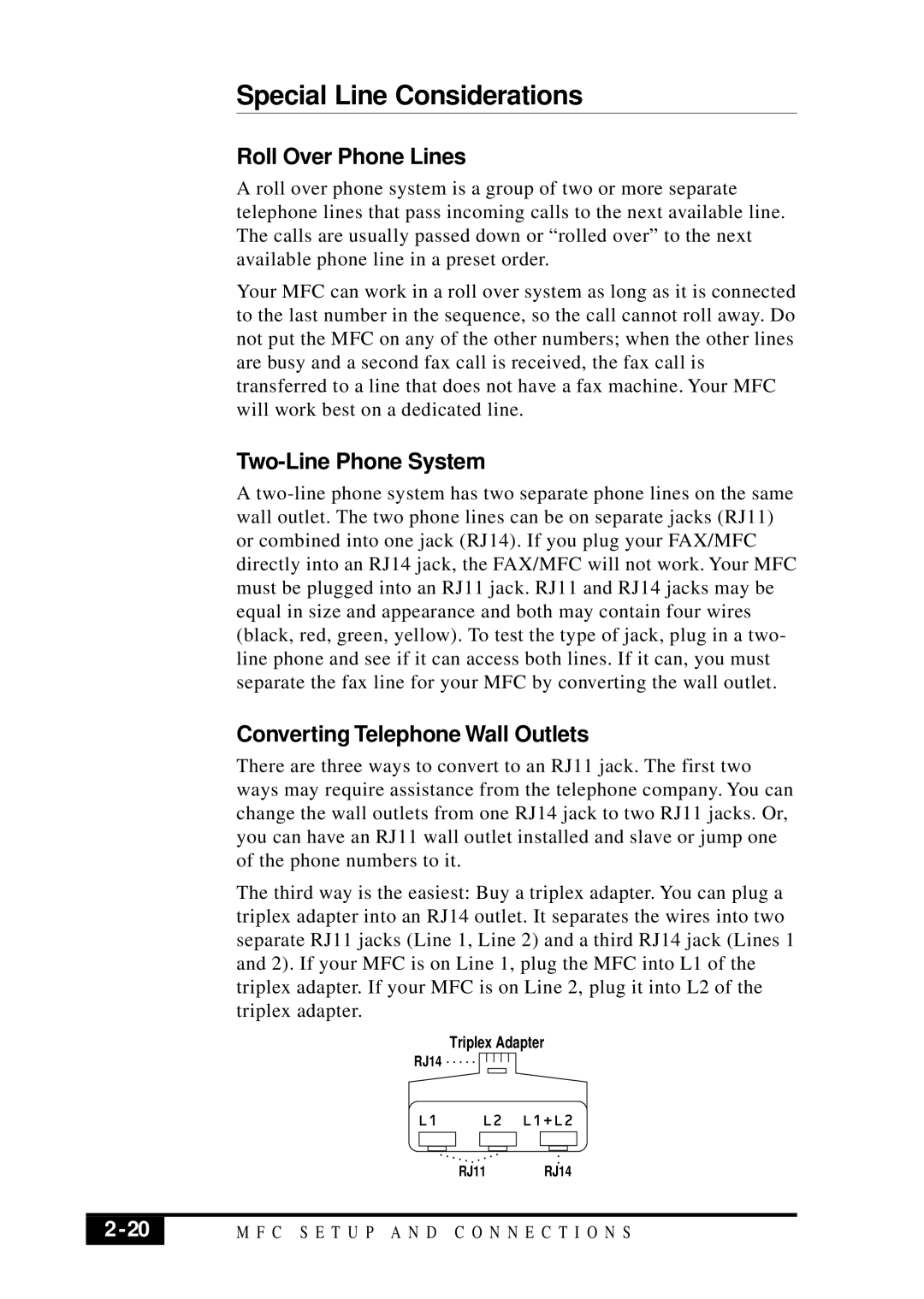 Brother MFC 7050C owner manual Special Line Considerations, Roll Over Phone Lines, Two-Line Phone System 