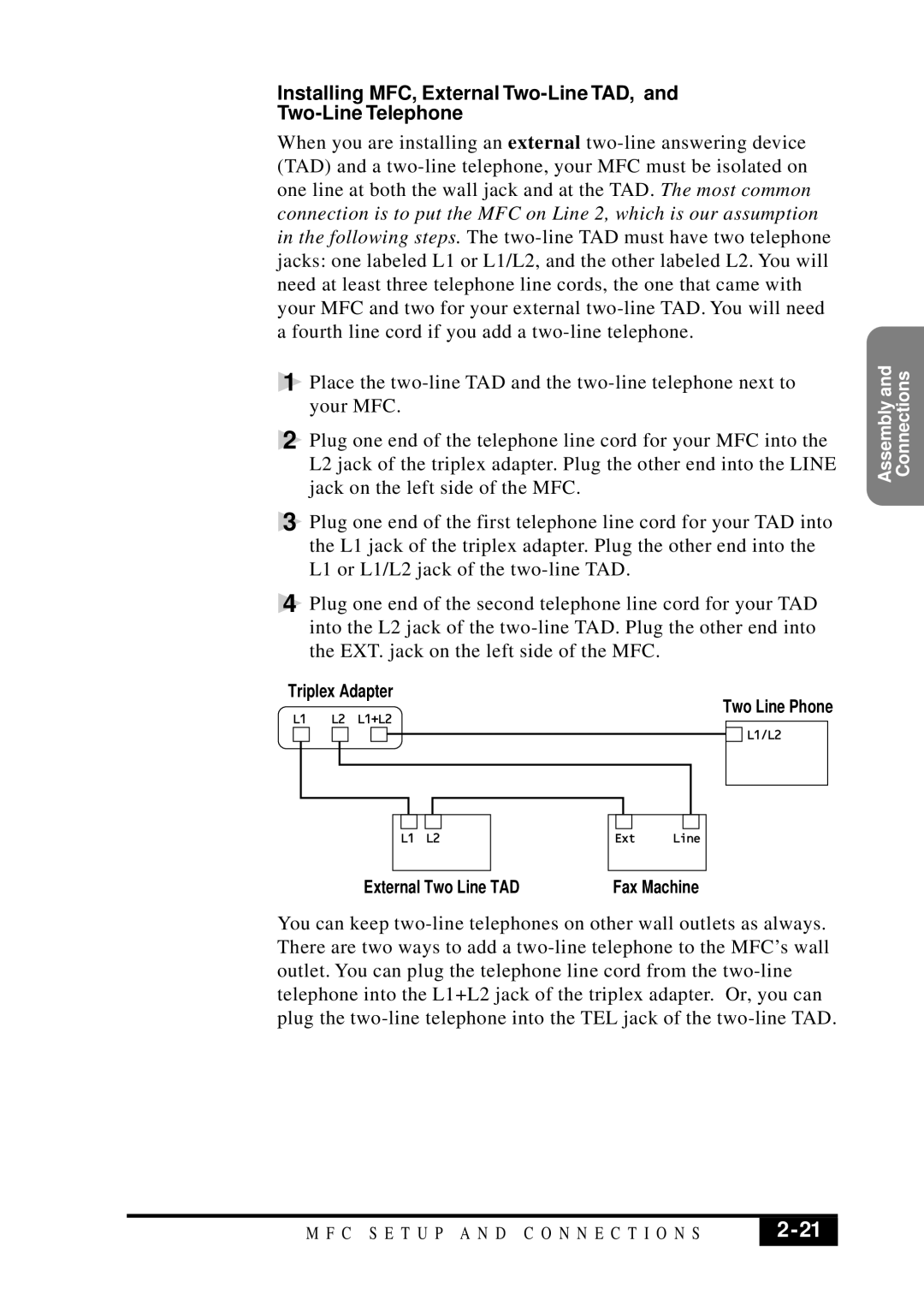 Brother MFC 7050C owner manual Installing MFC, External Two-Line TAD, Two-Line Telephone 