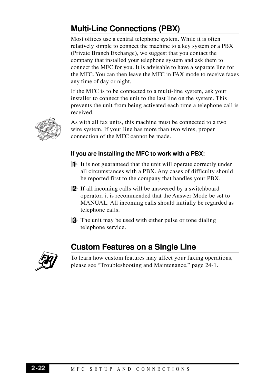 Brother MFC 7050C owner manual Multi-Line Connections PBX, Custom Features on a Single Line 