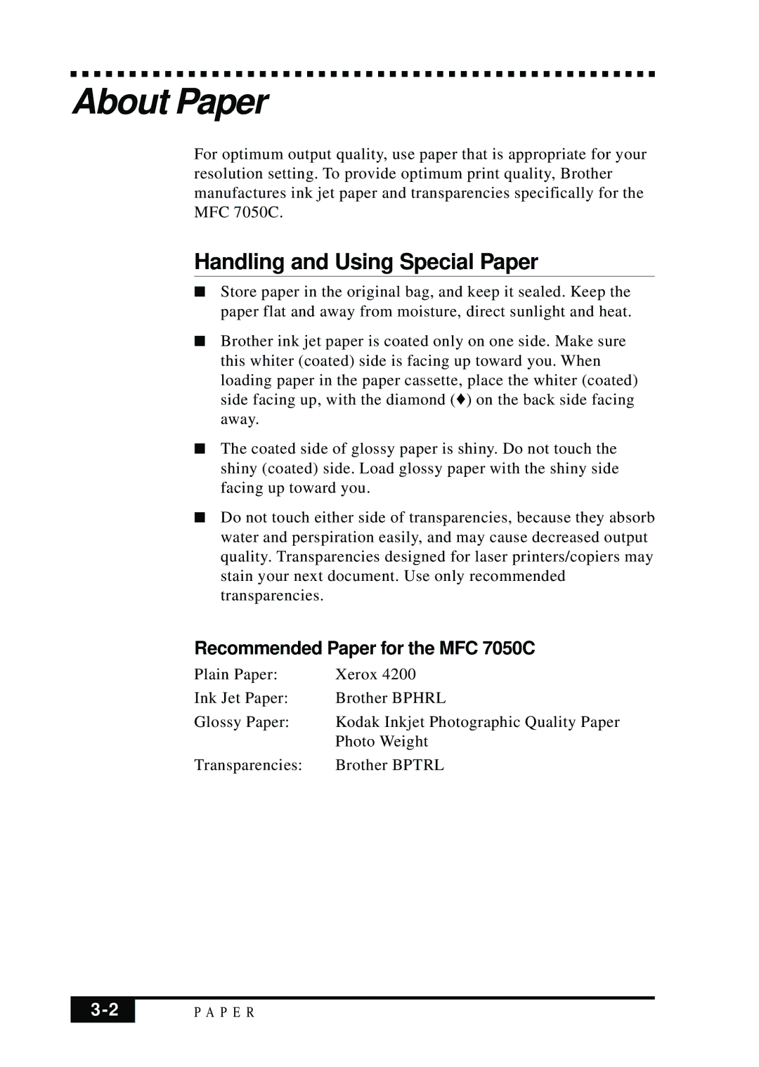 Brother owner manual About Paper, Handling and Using Special Paper, Recommended Paper for the MFC 7050C 