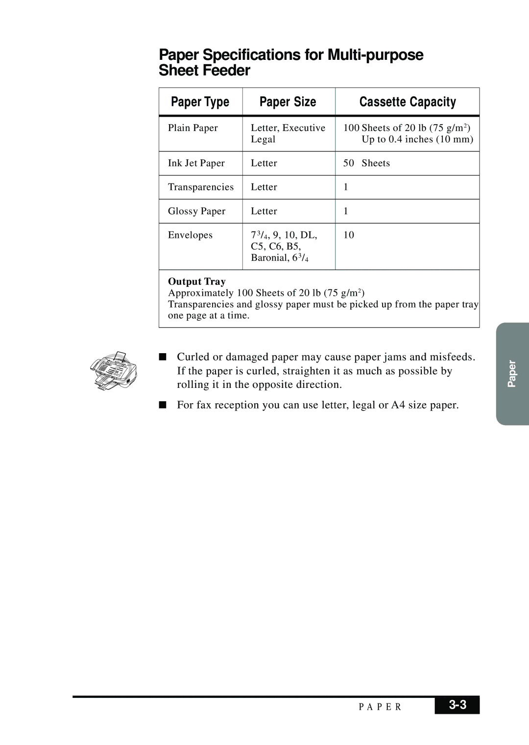 Brother MFC 7050C owner manual Paper Specifications for Multi-purpose Sheet Feeder, Paper Type Paper Size Cassette Capacity 