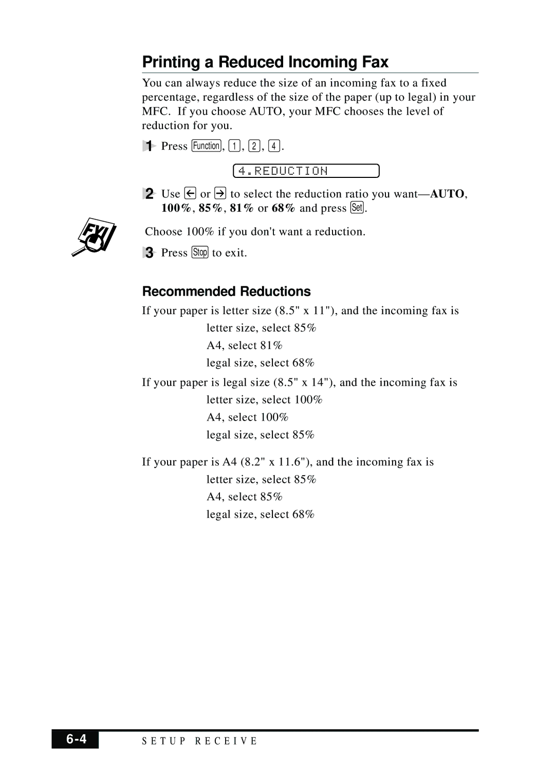 Brother MFC 7050C owner manual Printing a Reduced Incoming Fax, Recommended Reductions 