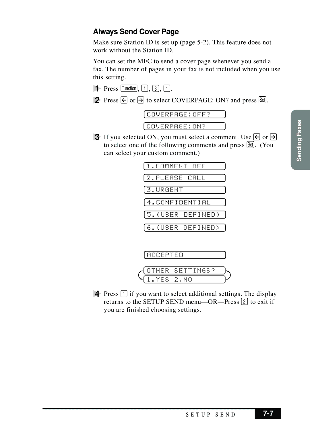 Brother MFC 7050C owner manual Always Send Cover, Coverpageoff? Coverpageon? 