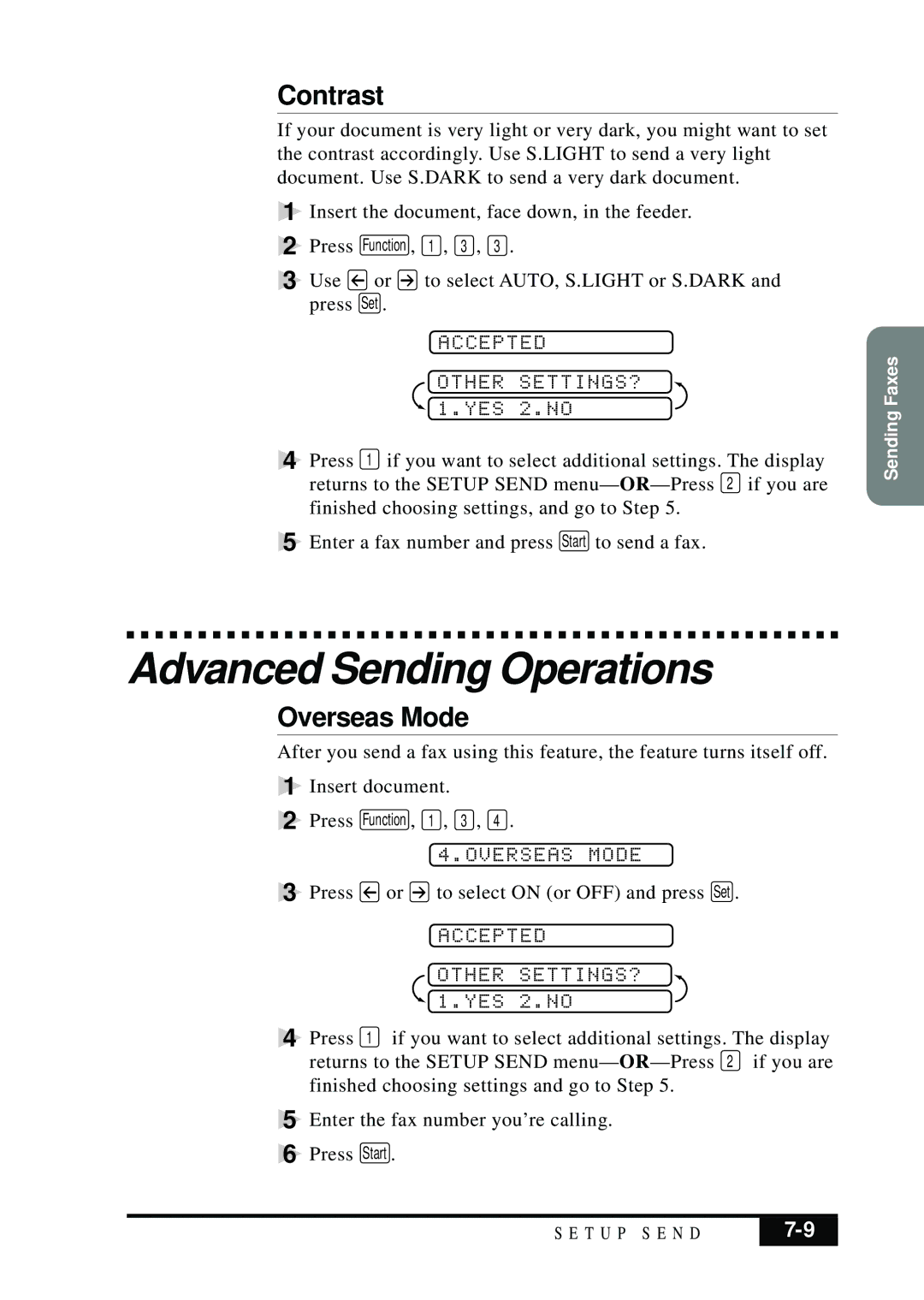 Brother MFC 7050C owner manual Advanced Sending Operations, Contrast, Overseas Mode 