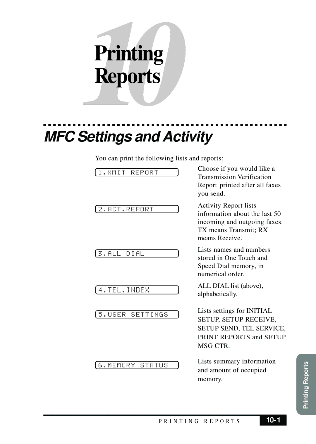 Brother MFC 7050C owner manual MFC Settings and Activity, 10-1 