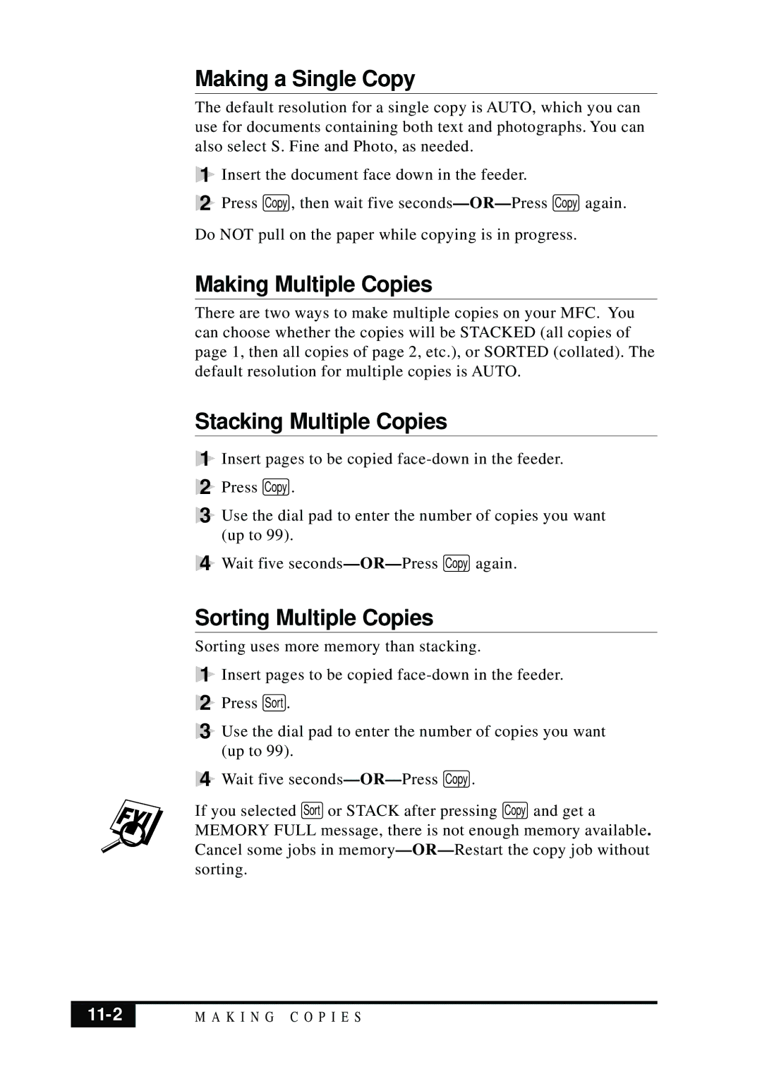 Brother MFC 7050C Making a Single Copy, Making Multiple Copies, Stacking Multiple Copies, Sorting Multiple Copies, 11-2 