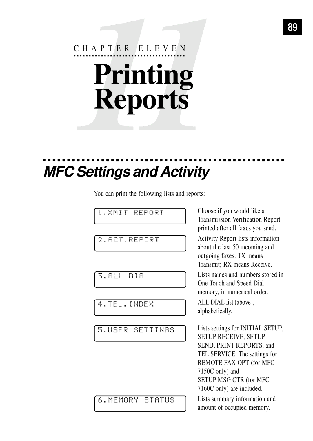 Brother MFC 7150C owner manual MFC Settings and Activity, You can print the following lists and reports 