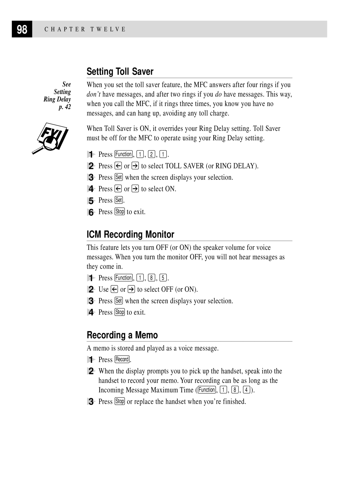 Brother MFC 7150C owner manual Setting Toll Saver, ICM Recording Monitor, Recording a Memo 