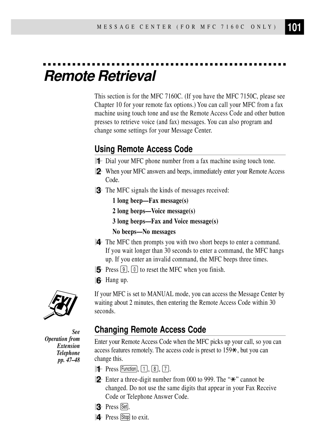 Brother MFC 7150C owner manual 101, Changing Remote Access Code, Long beep-Fax messages Long beeps-Voice messages 