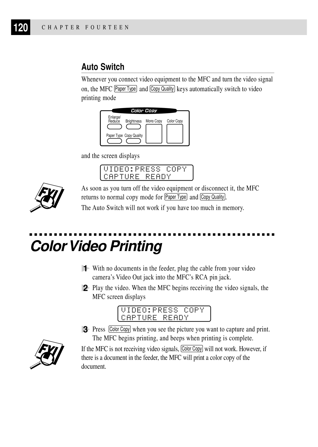 Brother MFC 7150C owner manual Color Video Printing, Auto Switch, Videopress Copy Capture Ready 