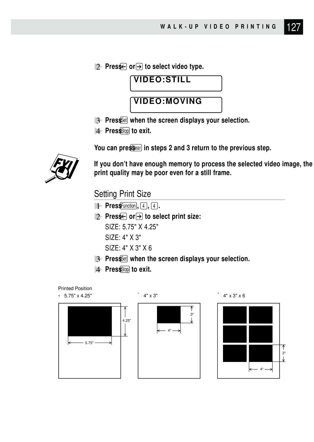 Brother MFC 7150C owner manual 127, Setting Print Size, Videostill Videomoving, Size 5.75 X Size 4 X Size 4 X 3 X 