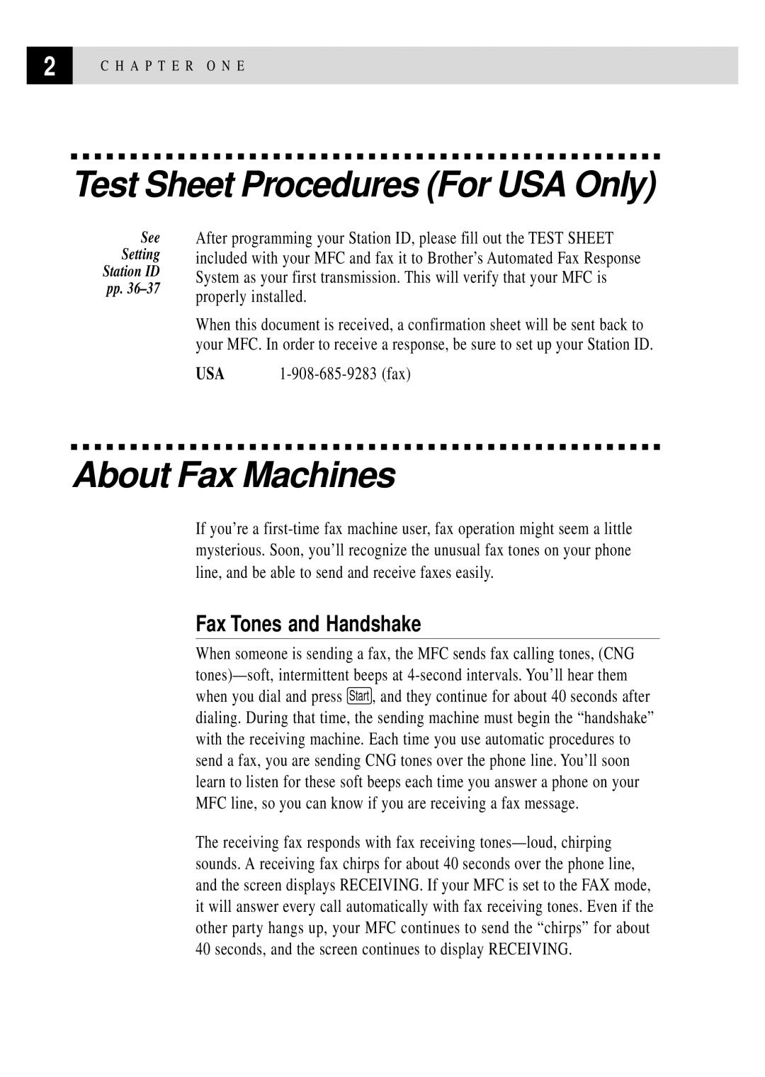 Brother MFC 7150C Test Sheet Procedures For USA Only, About Fax Machines, Fax Tones and Handshake, USA 1-908-685-9283 fax 