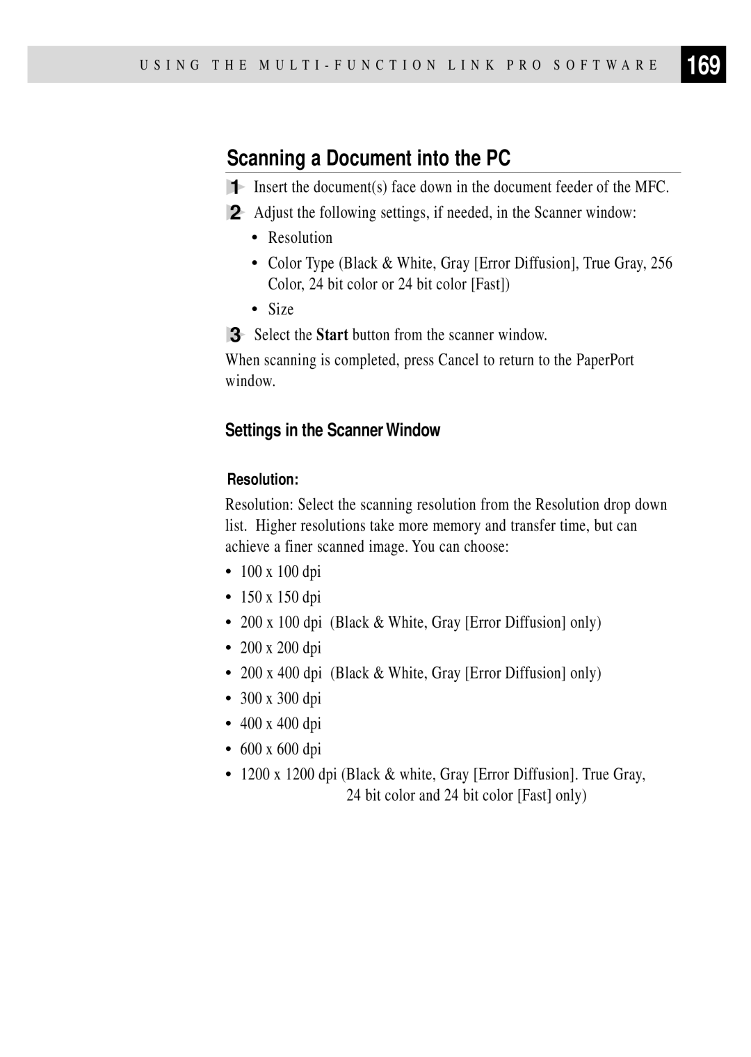 Brother MFC 7150C owner manual Scanning a Document into the PC, Settings in the Scanner Window 