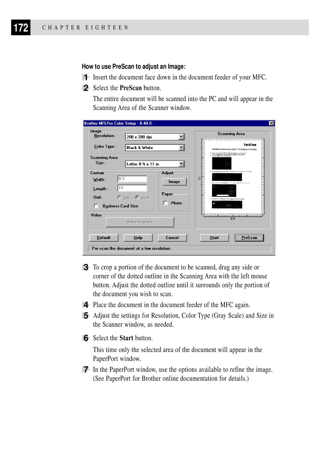 Brother MFC 7150C owner manual How to use PreScan to adjust an Image 