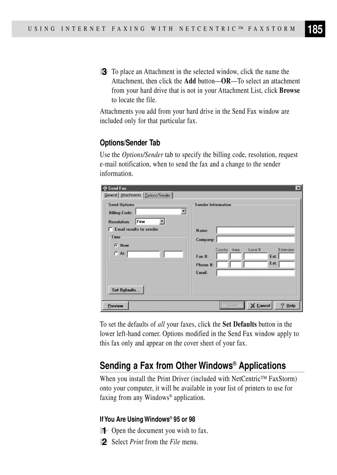 Brother MFC 7150C owner manual 185, Sending a Fax from Other Windows Applications, Options/Sender Tab 