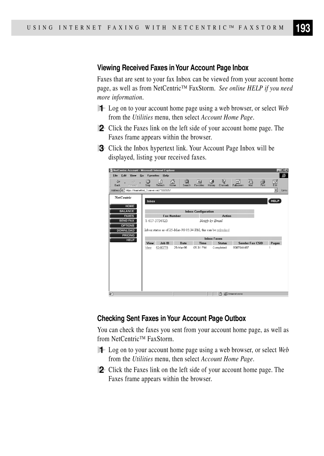 Brother MFC 7150C 193, Viewing Received Faxes in Your Account Page Inbox, Checking Sent Faxes in Your Account Page Outbox 