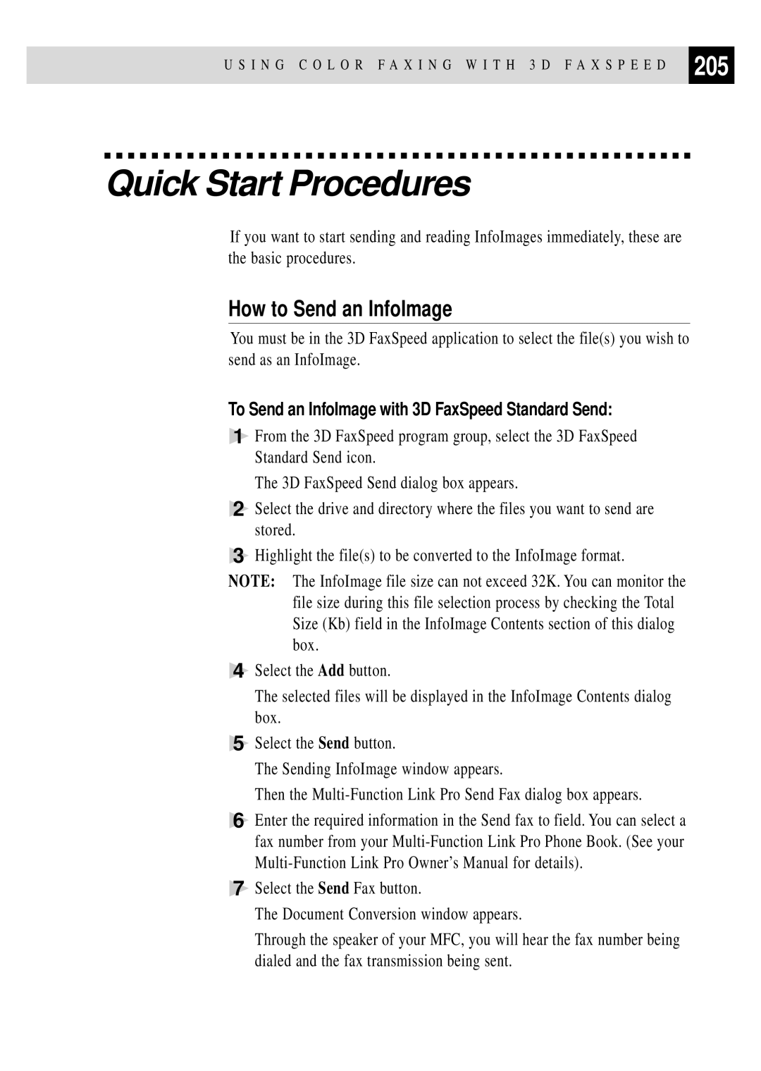 Brother MFC 7150C owner manual Quick Start Procedures, 205, How to Send an InfoImage 