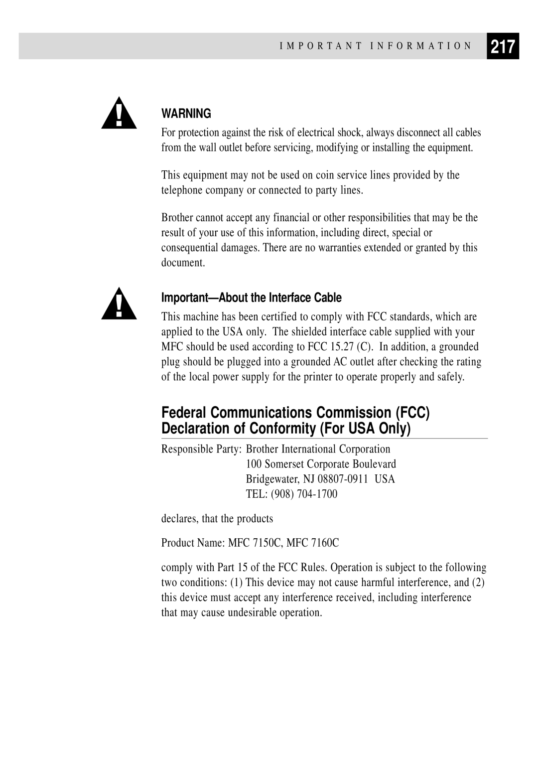 Brother MFC 7150C owner manual 217, Important-About the Interface Cable 