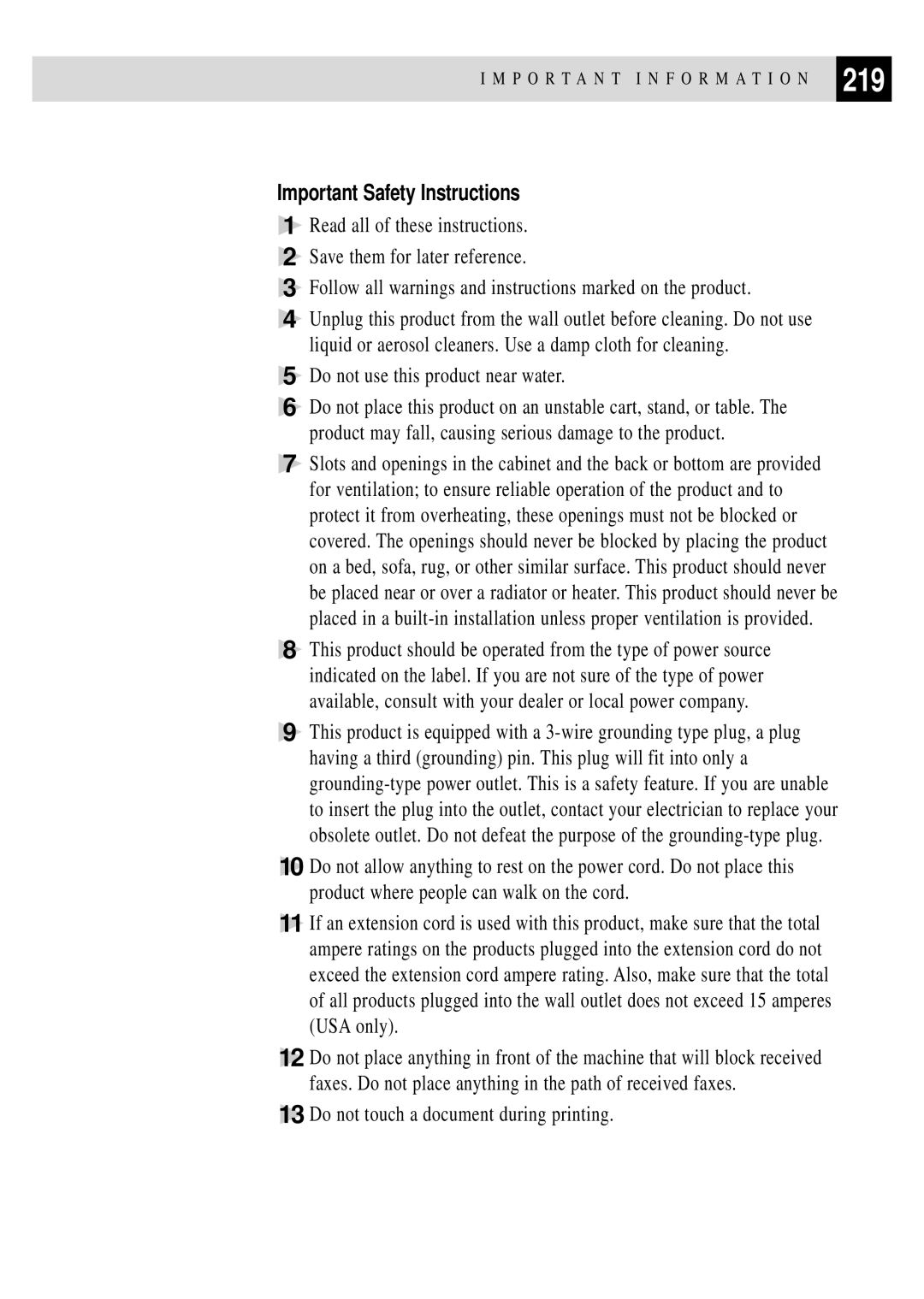 Brother MFC 7150C owner manual 219, Important Safety Instructions, Do not use this product near water 