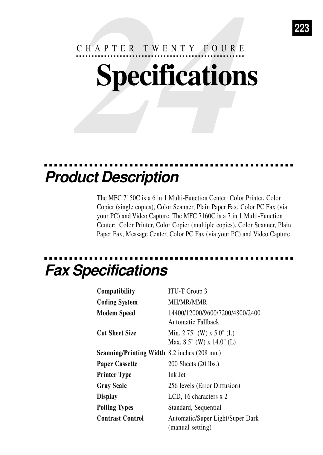 Brother MFC 7150C owner manual Product Description, Fax Specifications 