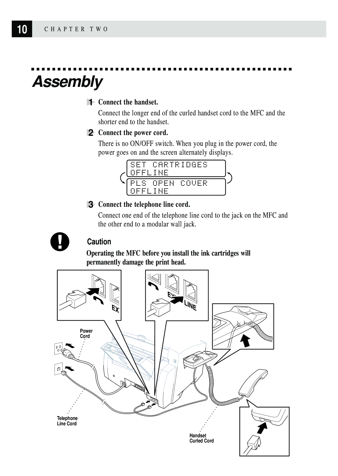 Brother MFC 7150C owner manual Assembly, SET Cartridges Offline PLS Open Cover, Connect the handset, Connect the power cord 