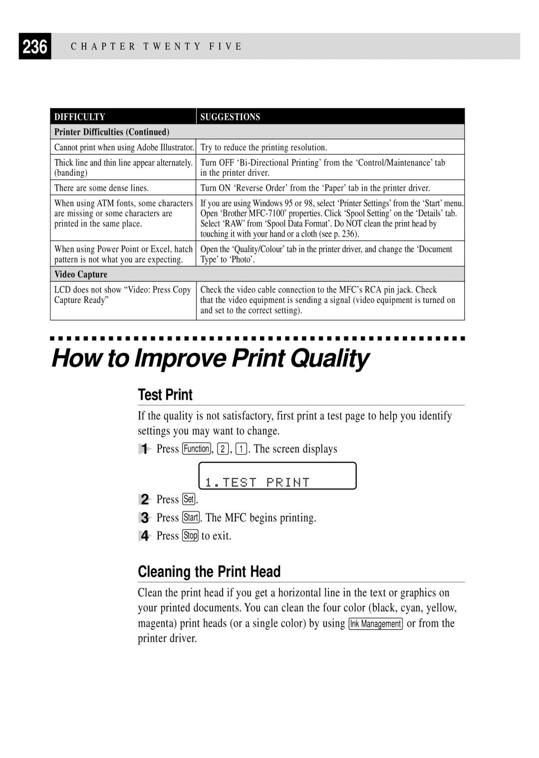 Brother MFC 7150C owner manual How to Improve Print Quality, Test Print, Cleaning the Print Head 