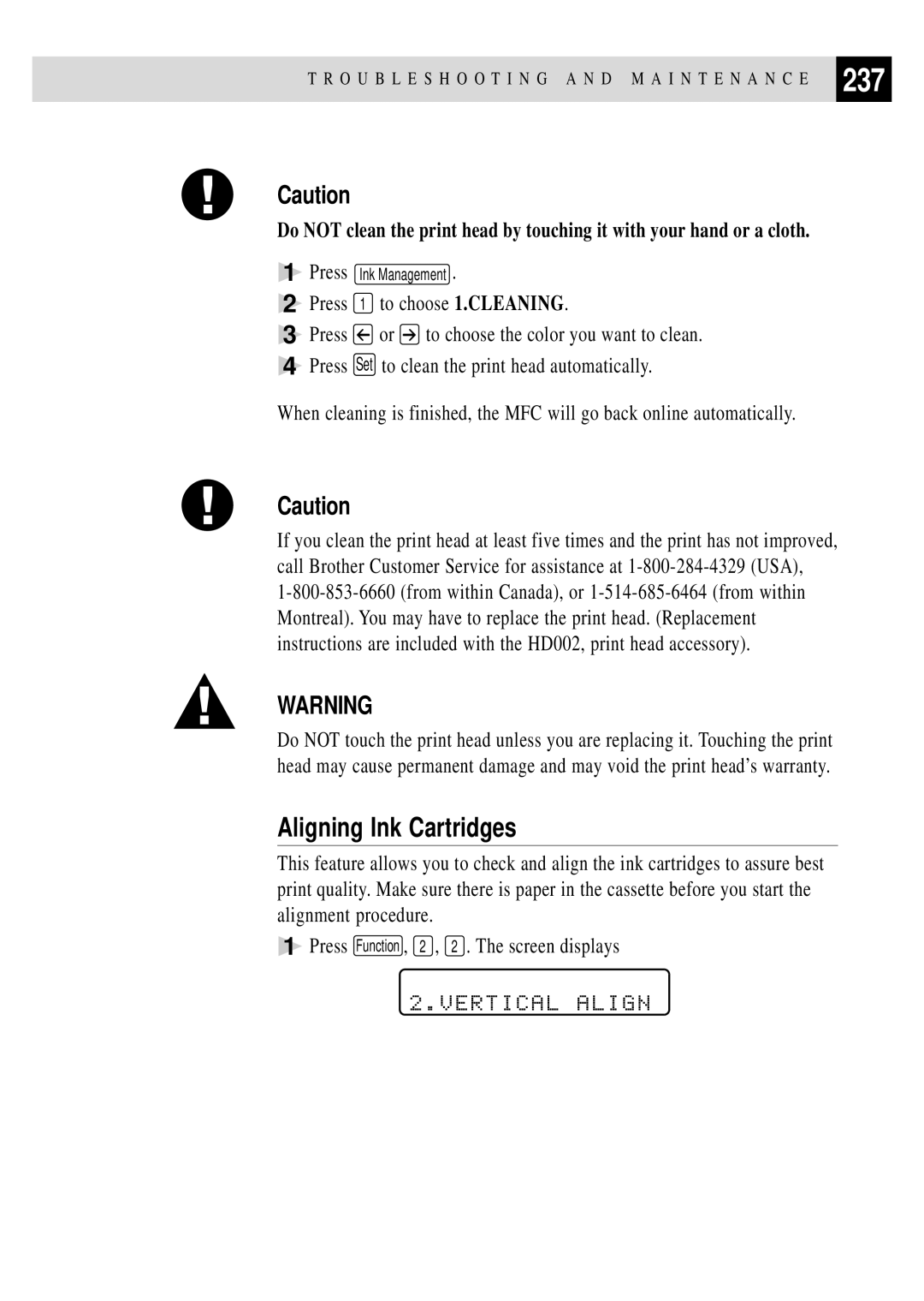 Brother MFC 7150C owner manual 237, Aligning Ink Cartridges, Vertical Align 