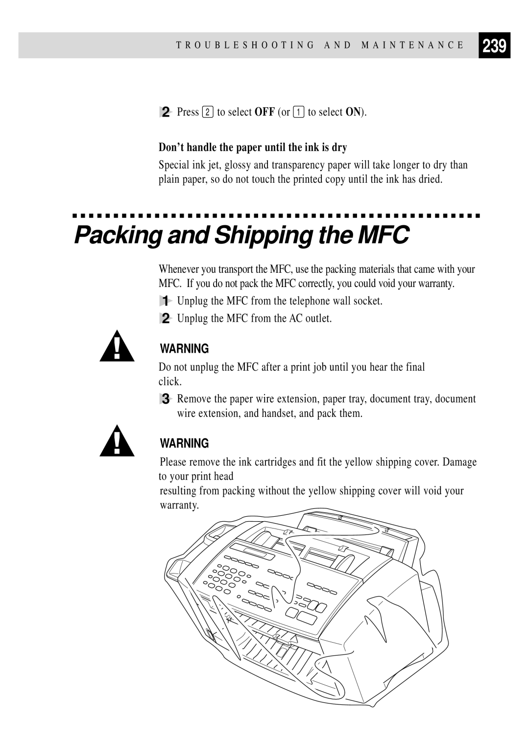 Brother MFC 7150C owner manual Packing and Shipping the MFC, 239, Press 2 to select OFF or 1 to select on 