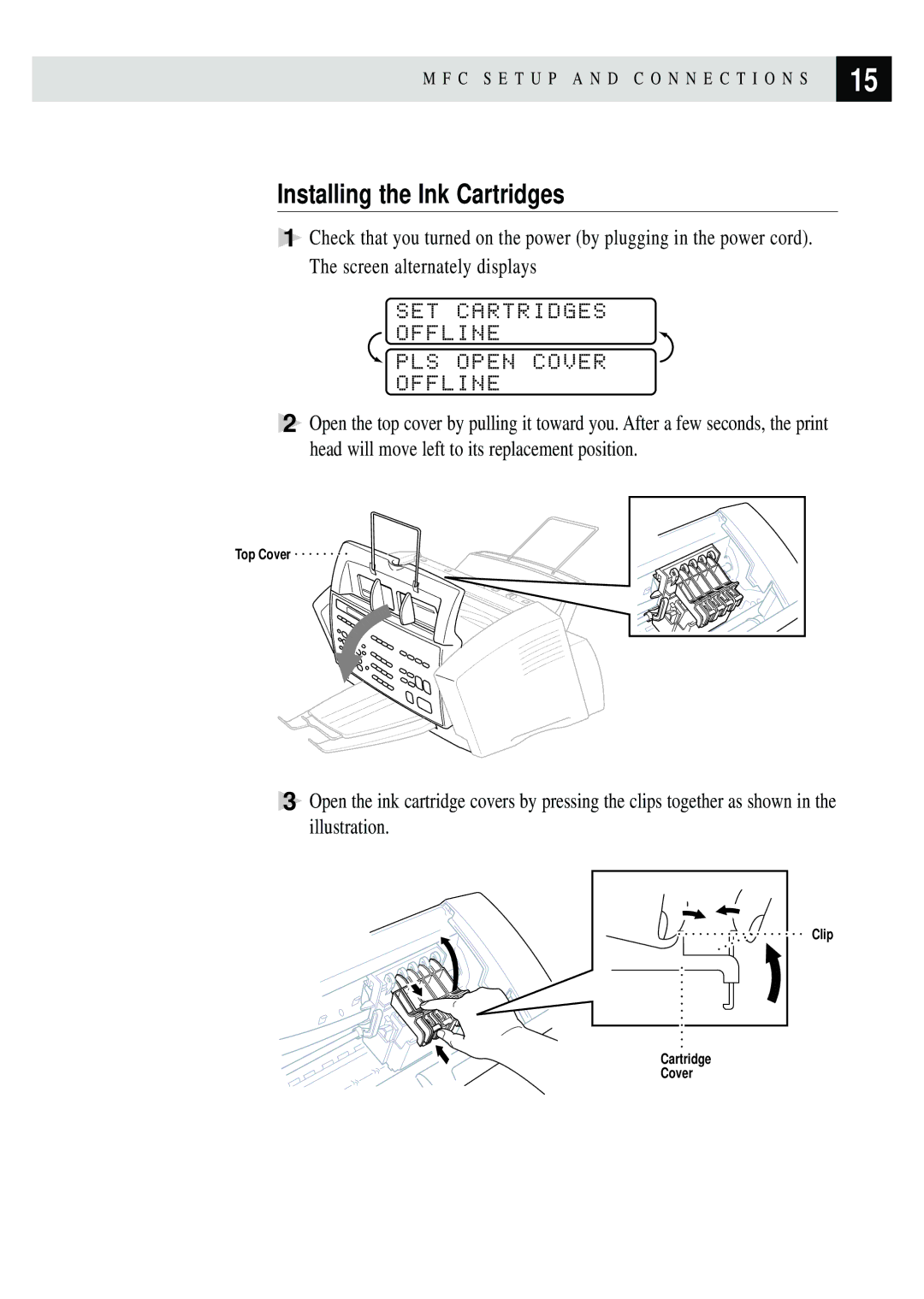 Brother MFC 7150C owner manual Installing the Ink Cartridges, SET Cartridges Offline PLS Open Cover 