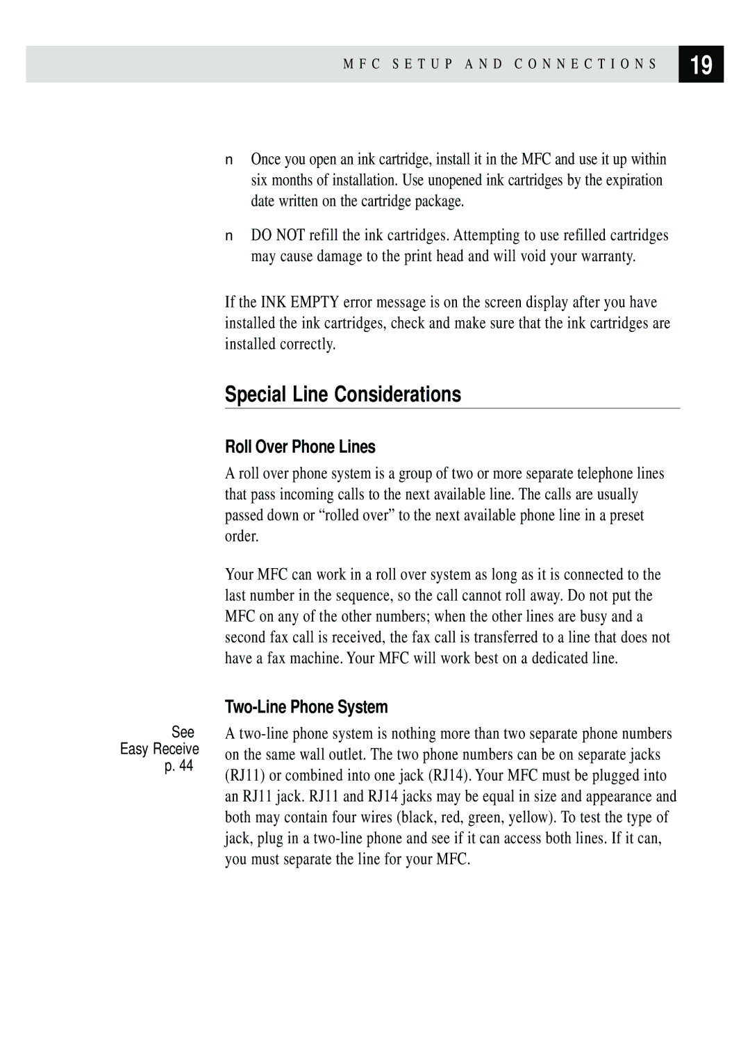 Brother MFC 7150C owner manual Special Line Considerations, Roll Over Phone Lines, Two-Line Phone System 