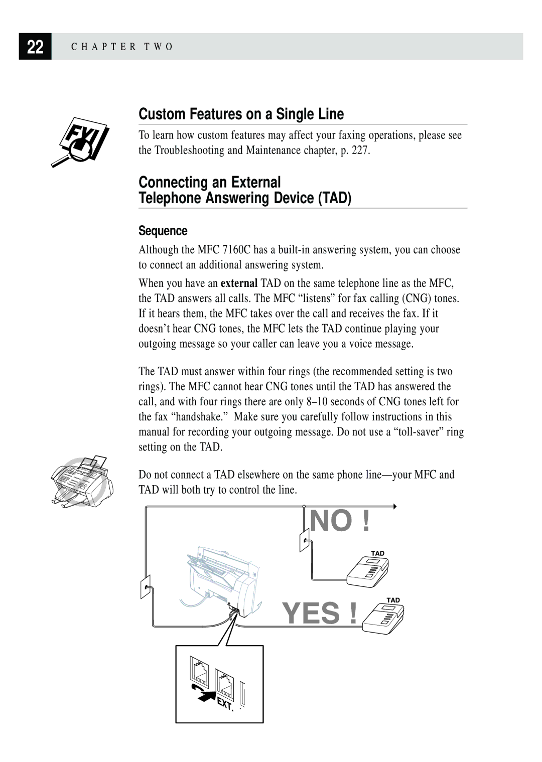 Brother MFC 7150C Custom Features on a Single Line, Connecting an External Telephone Answering Device TAD, Sequence 