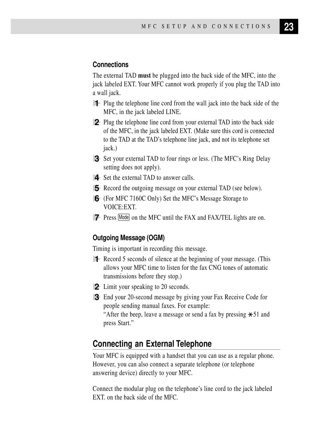 Brother MFC 7150C owner manual Connecting an External Telephone, Connections, Outgoing Message OGM 