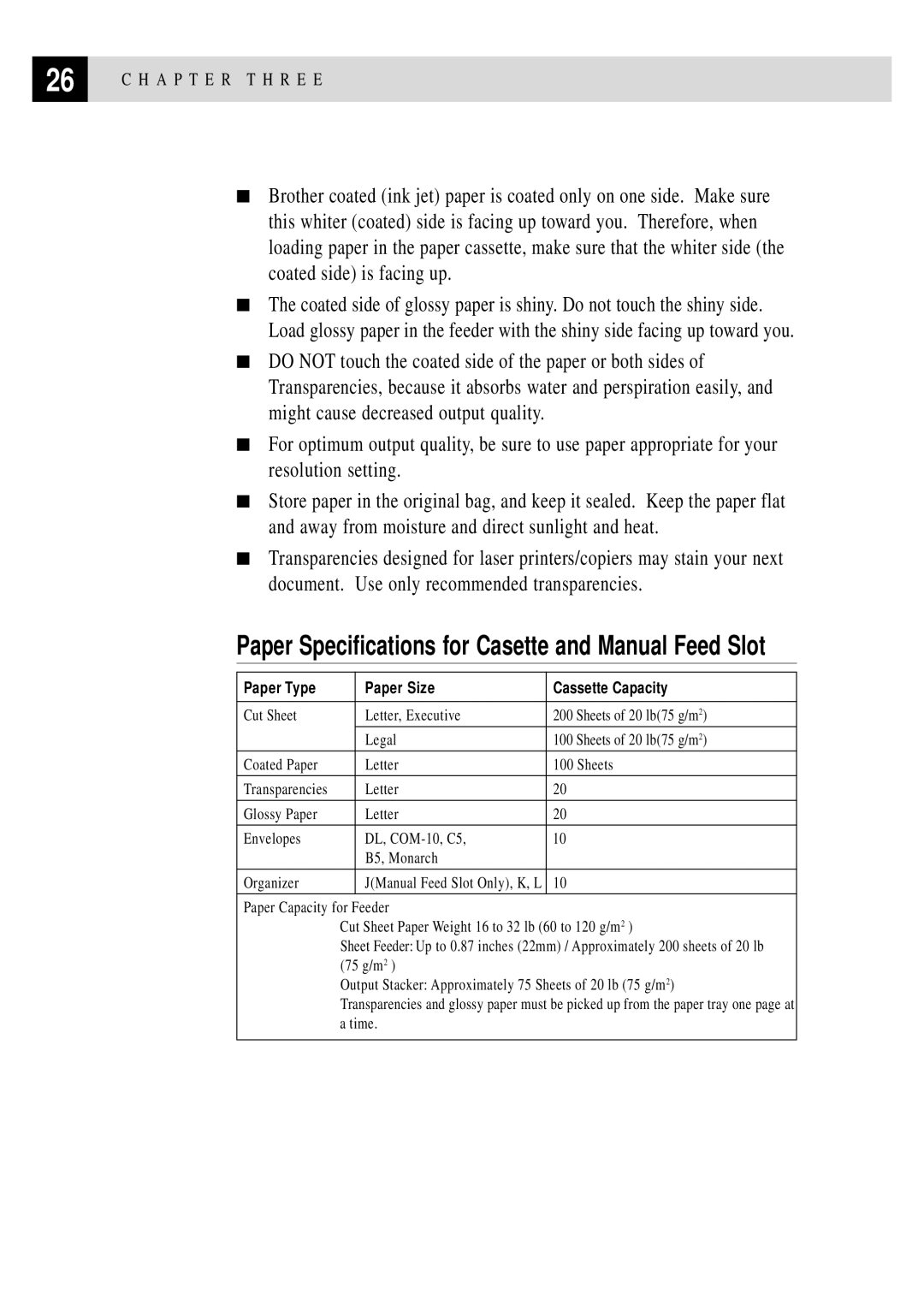 Brother MFC 7150C owner manual Paper Specifications for Casette and Manual Feed Slot 