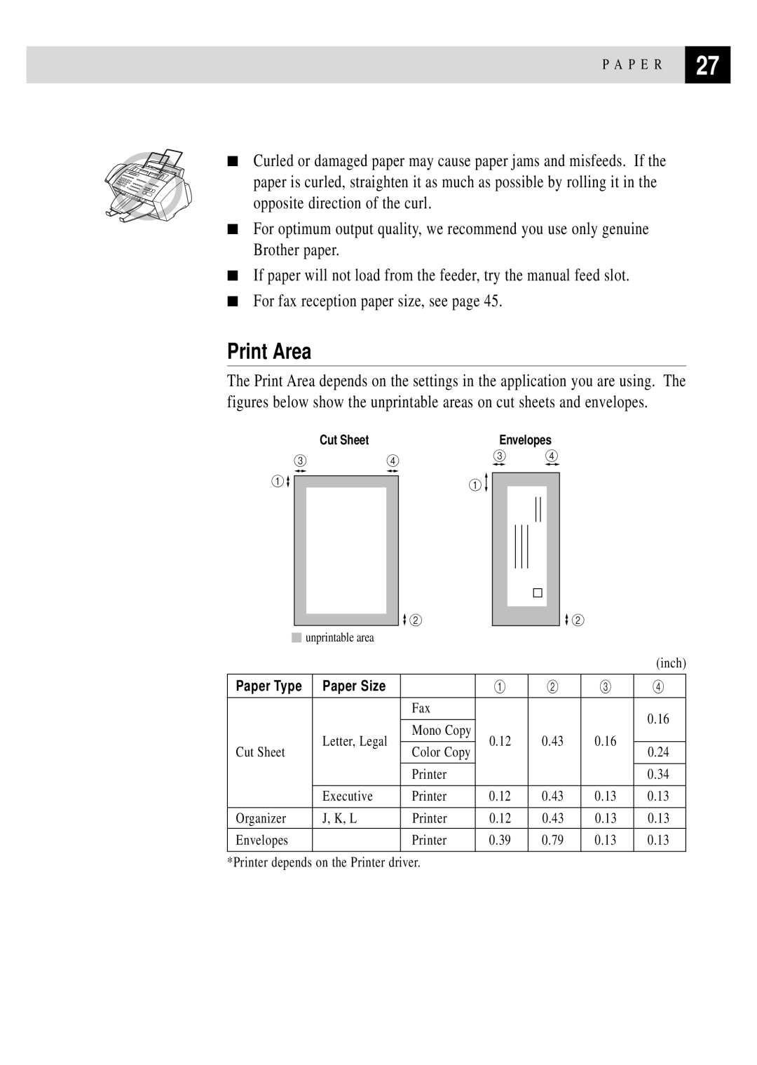 Brother MFC 7150C owner manual Print Area, Paper Size 