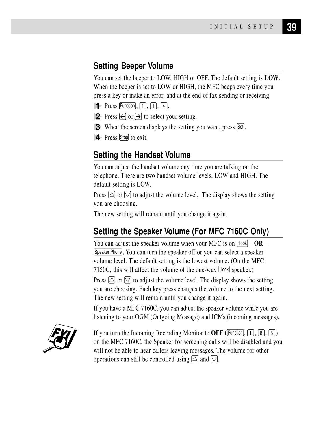 Brother MFC 7150C Setting Beeper Volume, Setting the Handset Volume, Setting the Speaker Volume For MFC 7160C Only 