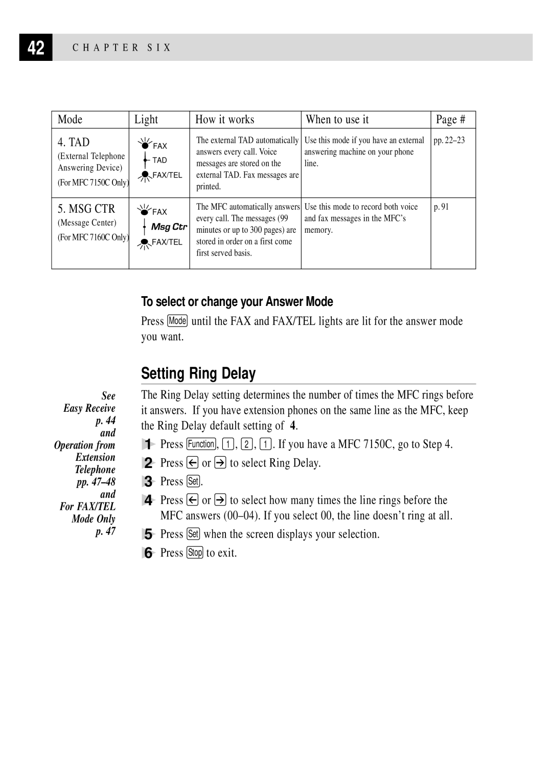 Brother MFC 7150C Setting Ring Delay, To select or change your Answer Mode, Mode Light How it works When to use it TAD 