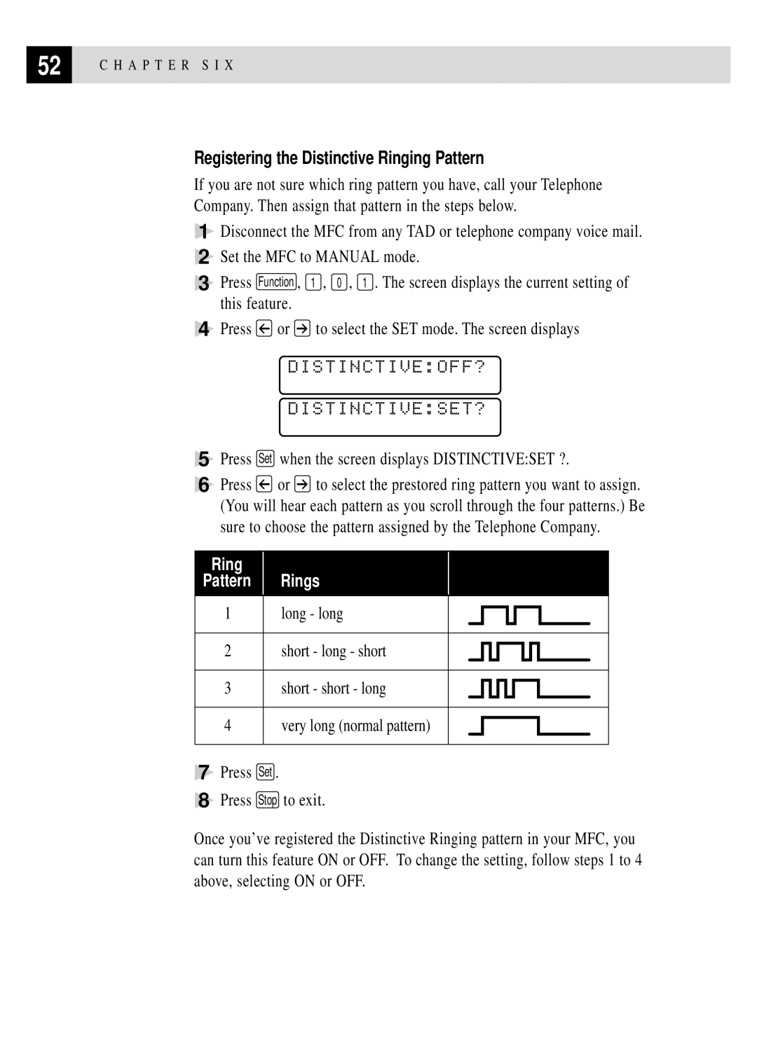 Brother MFC 7150C owner manual Distinctiveoff? Distinctiveset?, Registering the Distinctive Ringing Pattern 