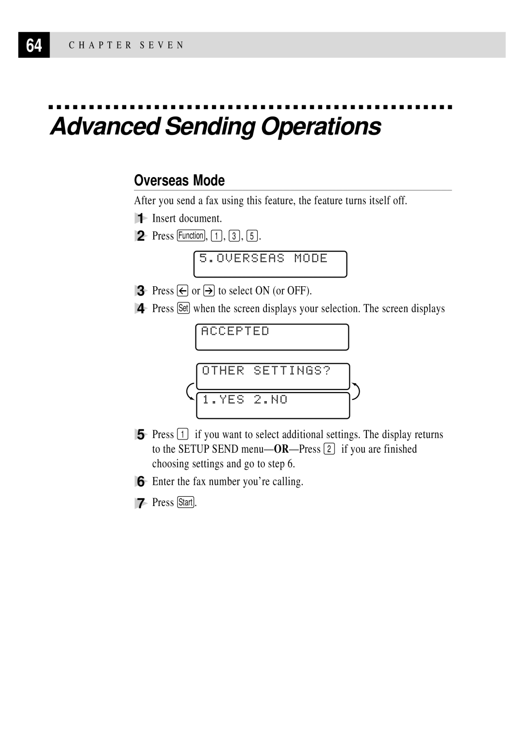 Brother MFC 7150C owner manual Advanced Sending Operations, Overseas Mode 