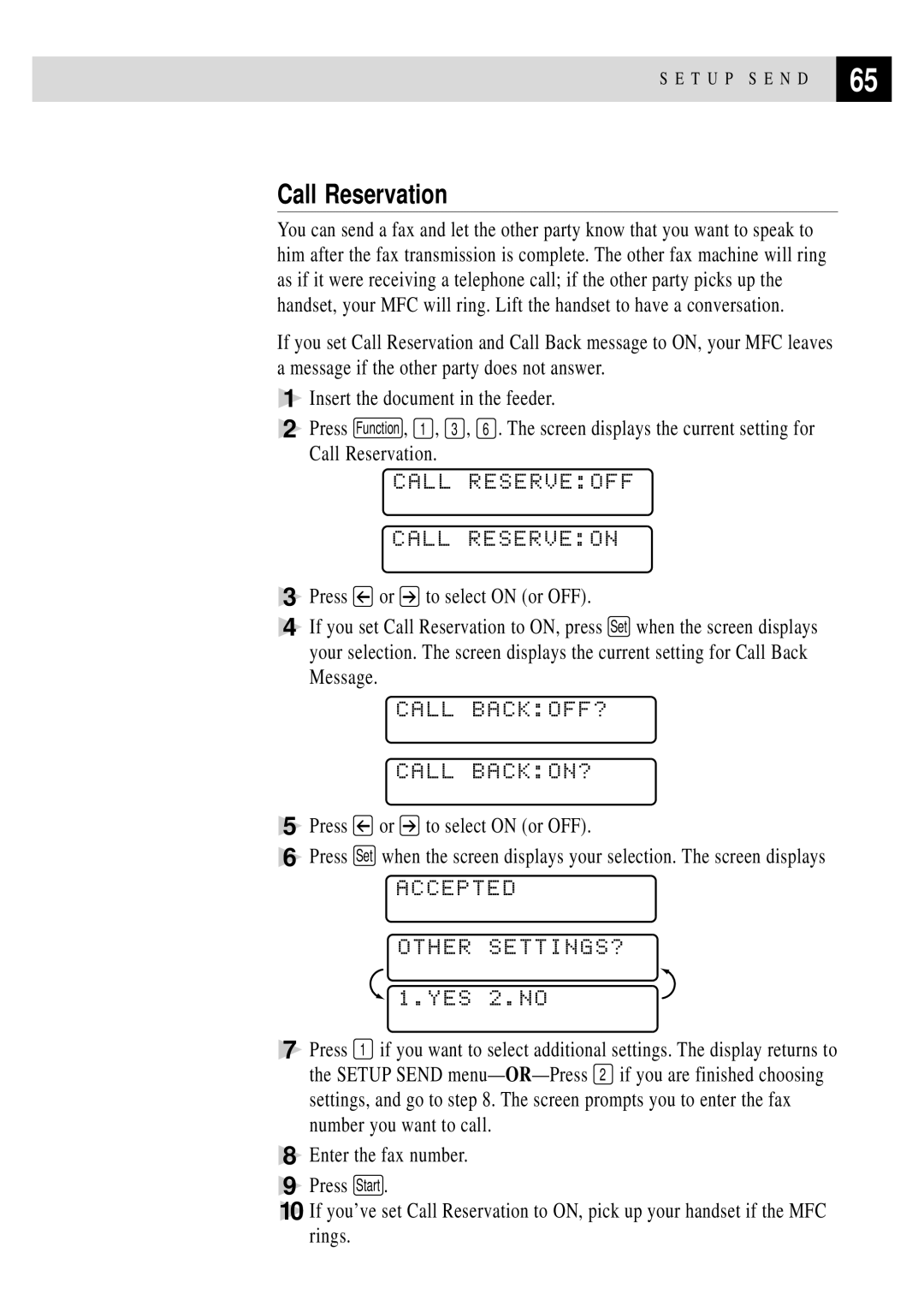 Brother MFC 7150C owner manual Call Reservation, Call Reserveoff Call Reserveon, Call BACKOFF? Call BACKON? 