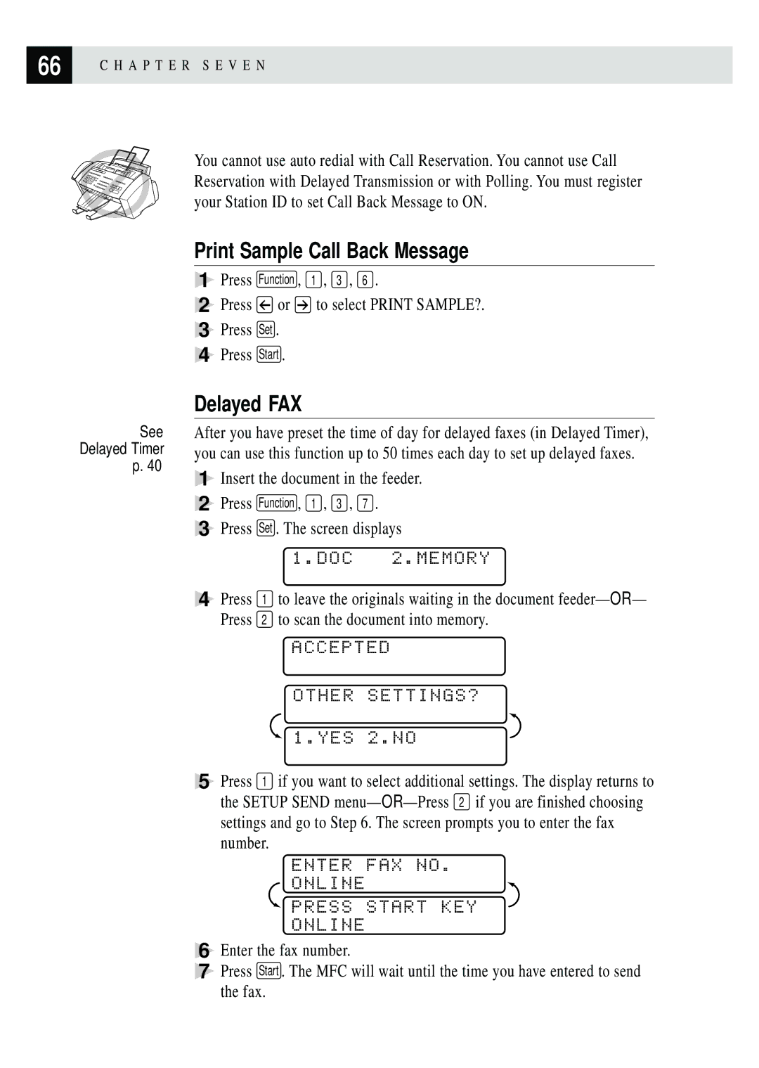 Brother MFC 7150C owner manual Print Sample Call Back Message, Delayed FAX, DOC 2.MEMORY 