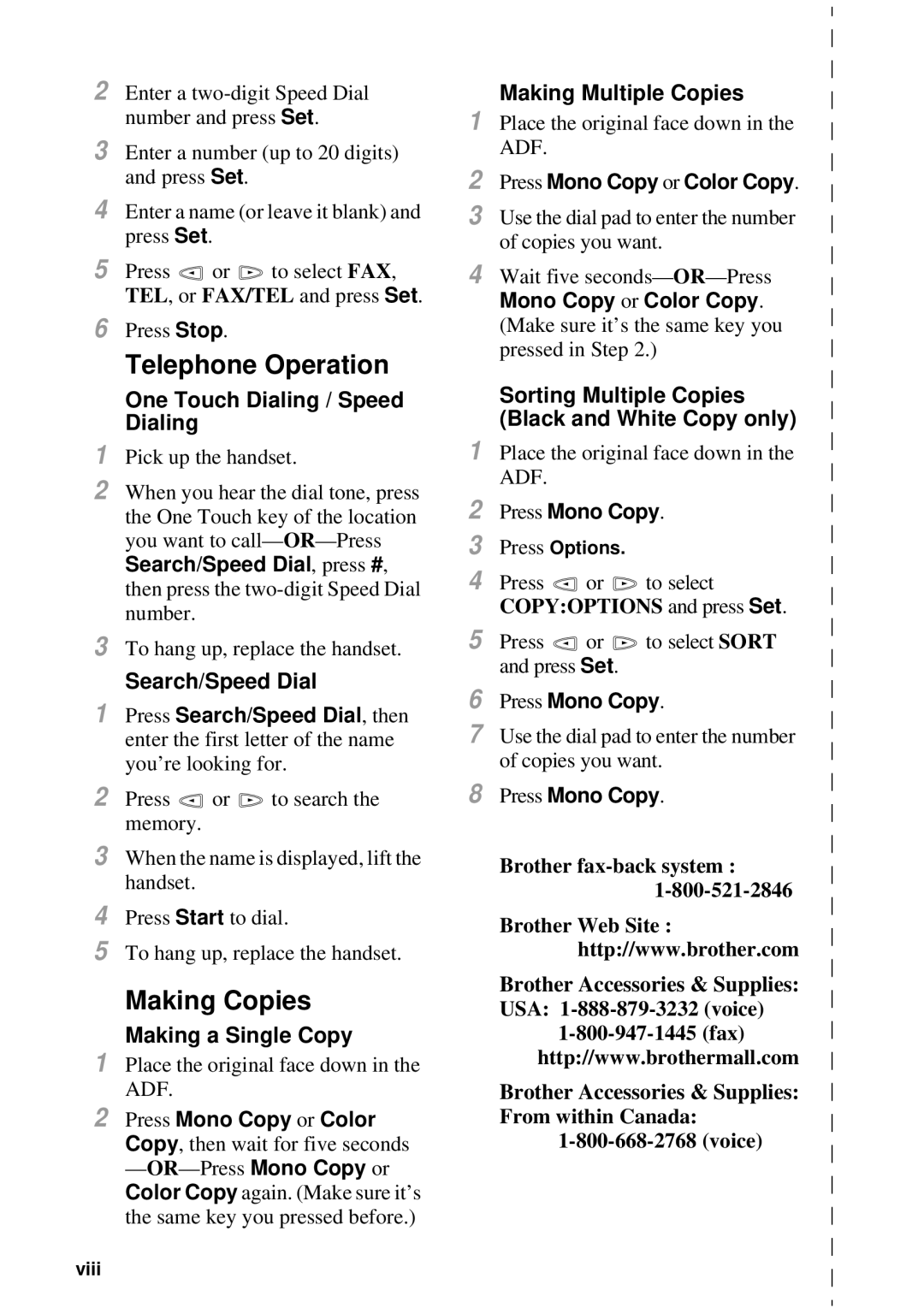 Brother MFC-7300C manual Telephone Operation, Making Copies 