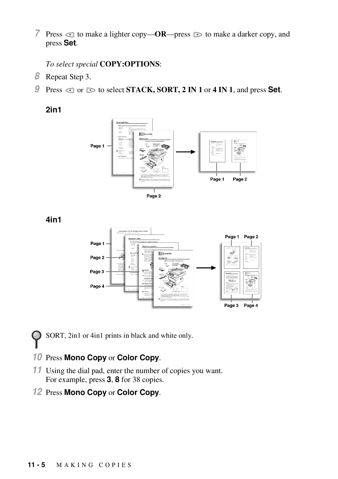 Brother MFC-7300C manual 2in1 4in1, Press Mono Copy or Color Copy 