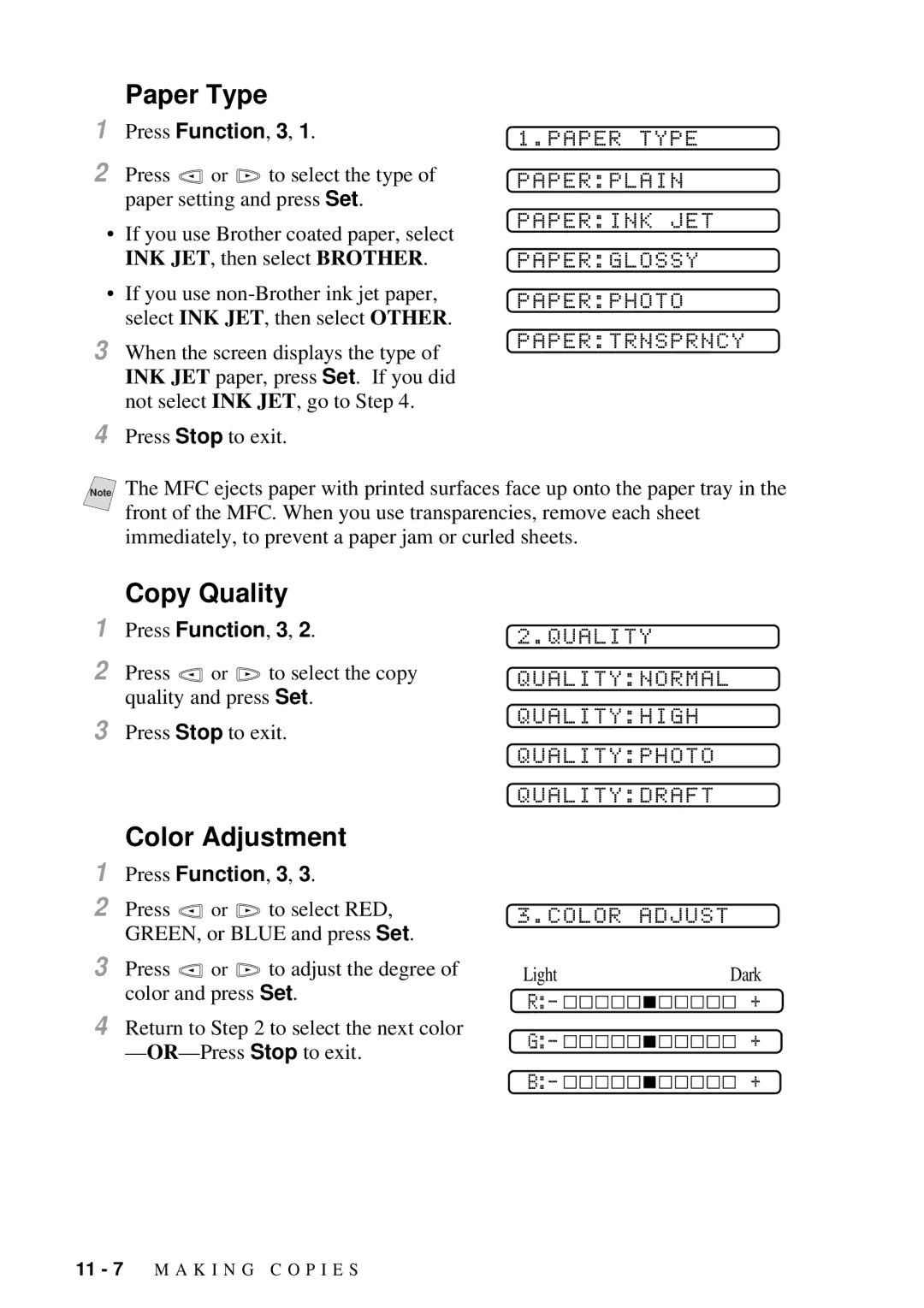 Brother MFC-7300C manual Paper Type, Copy Quality 