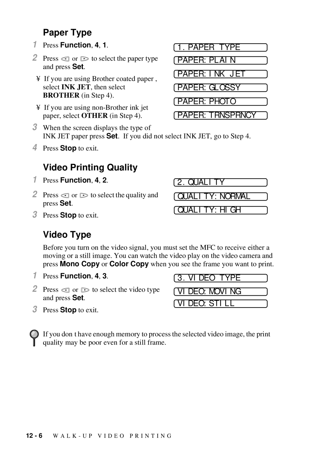 Brother MFC-7300C manual Video Printing Quality, Video Type 