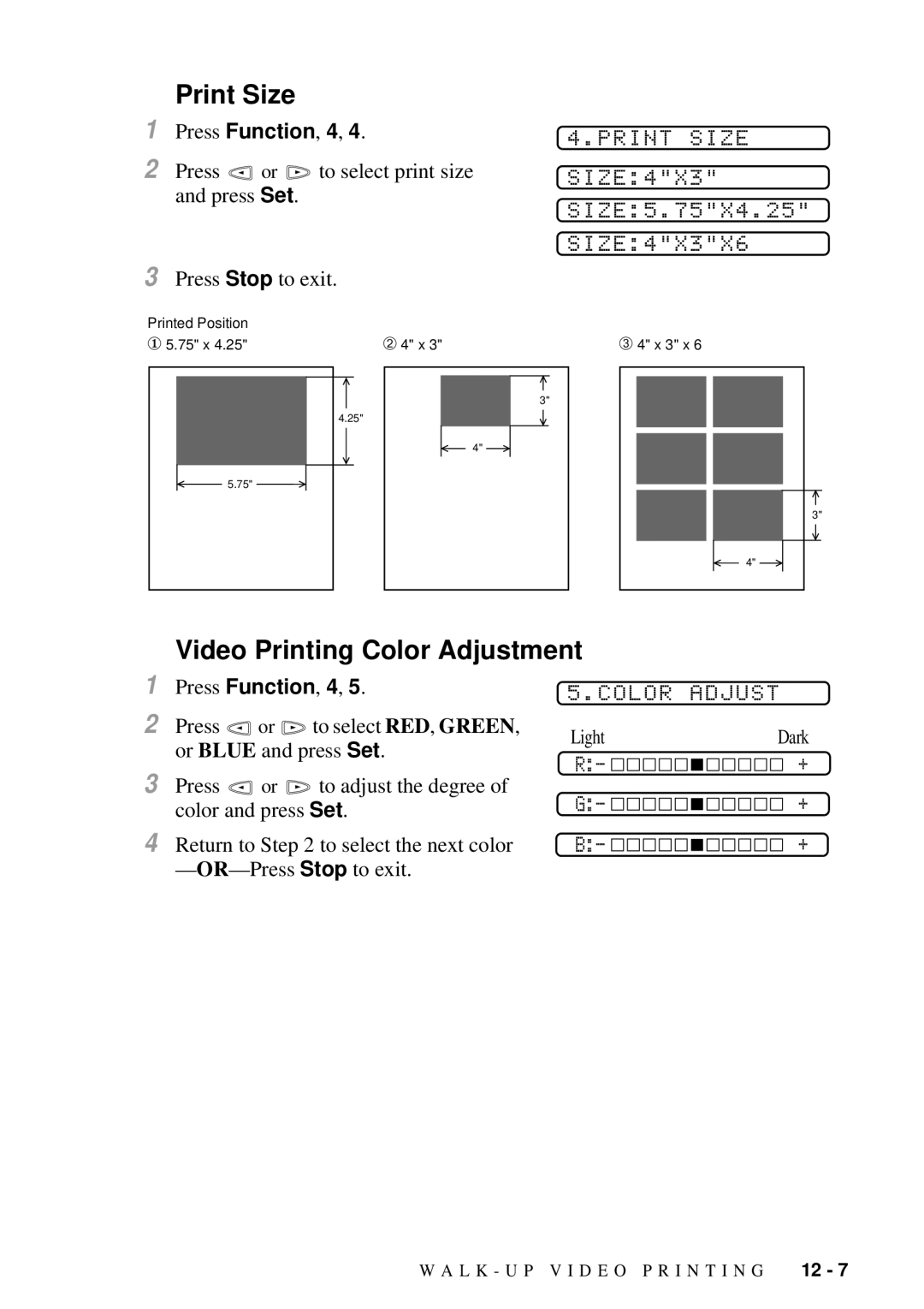 Brother MFC-7300C manual Print Size, Video Printing Color Adjustment 