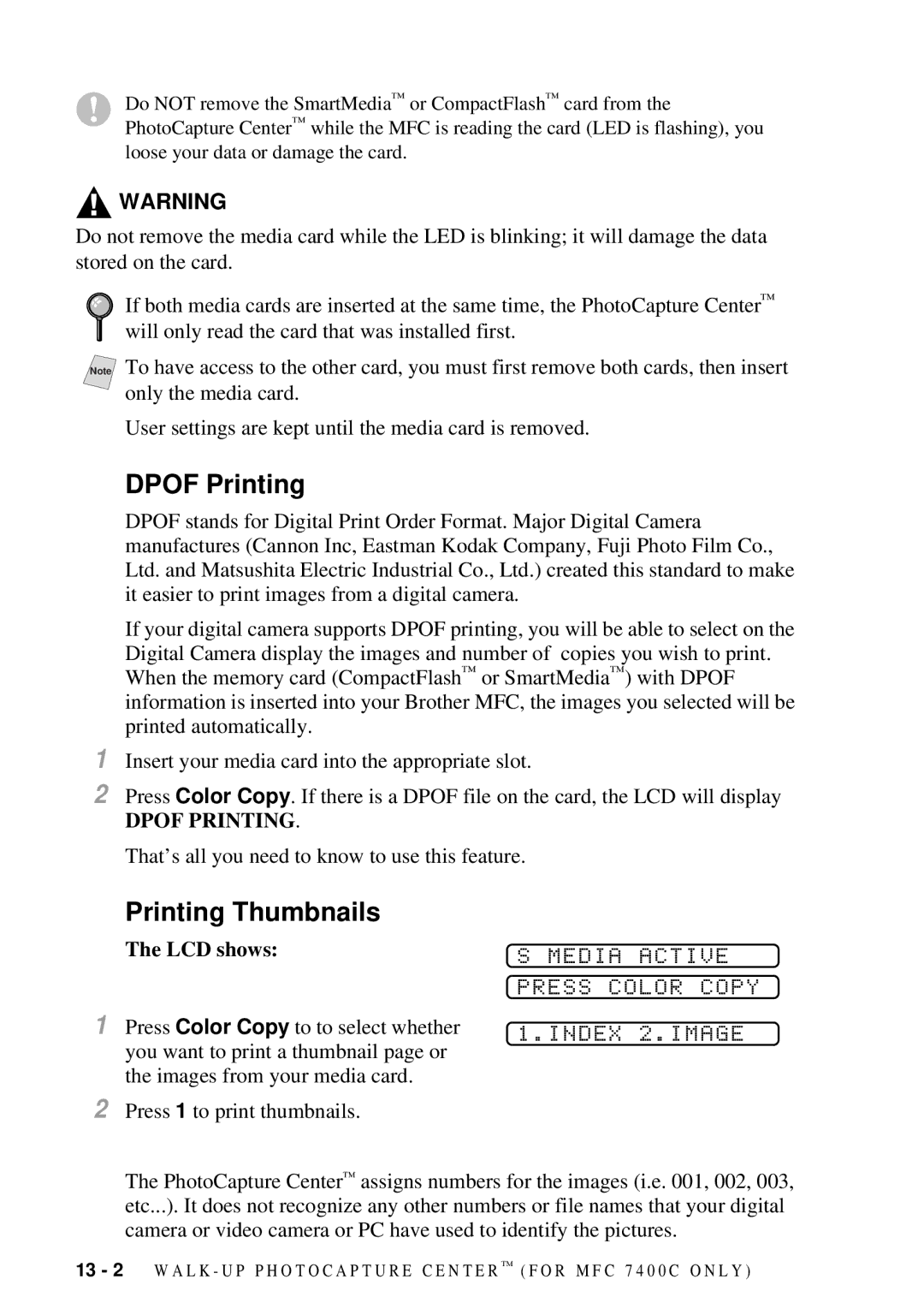 Brother MFC-7300C manual Dpof Printing, Printing Thumbnails, Media Active Press Color Copy Index 2.IMAGE, LCD shows 