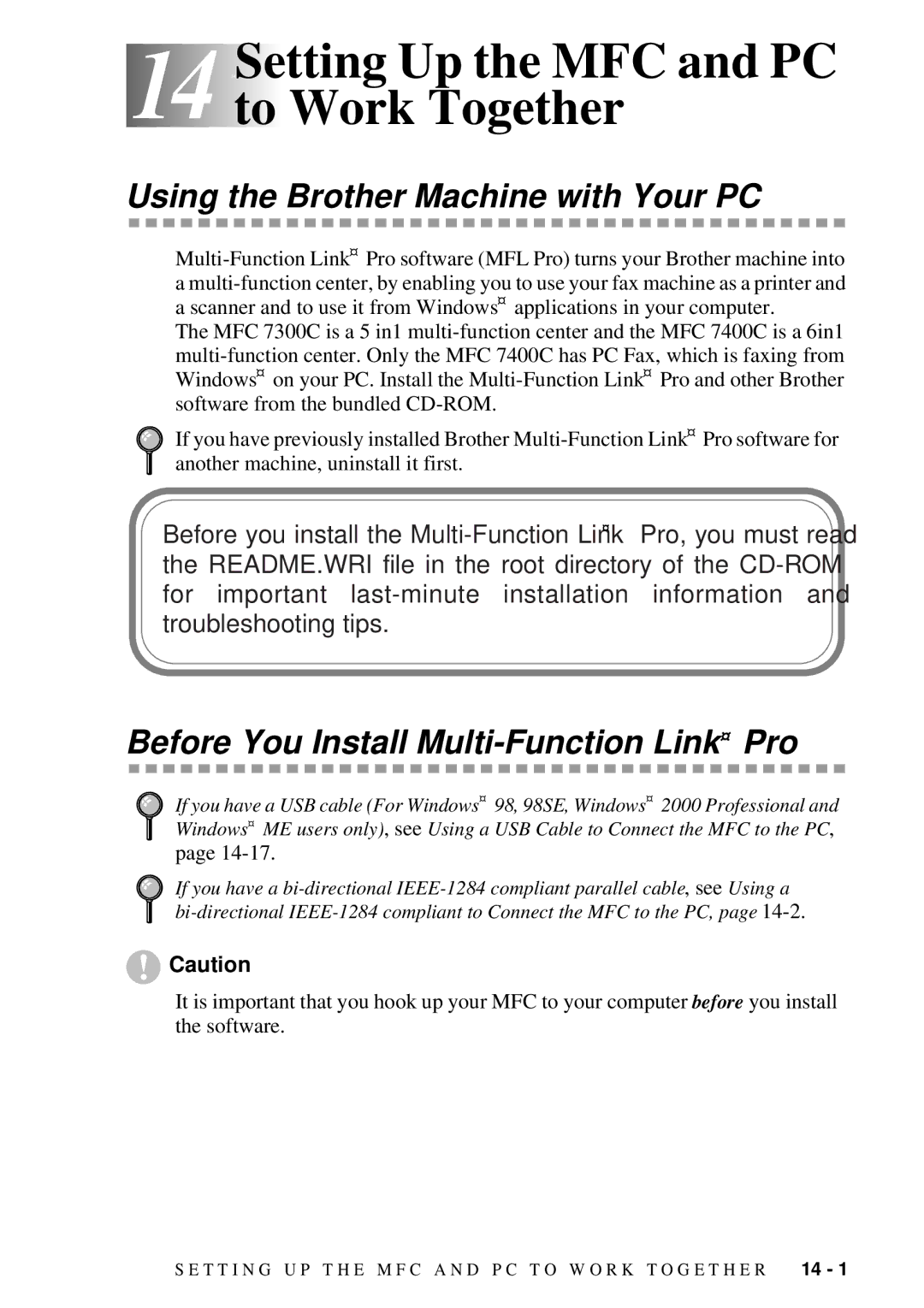 Brother MFC-7300C manual 14 14Setting Up the MFC and PC to Work Together, Using the Brother Machine with Your PC 